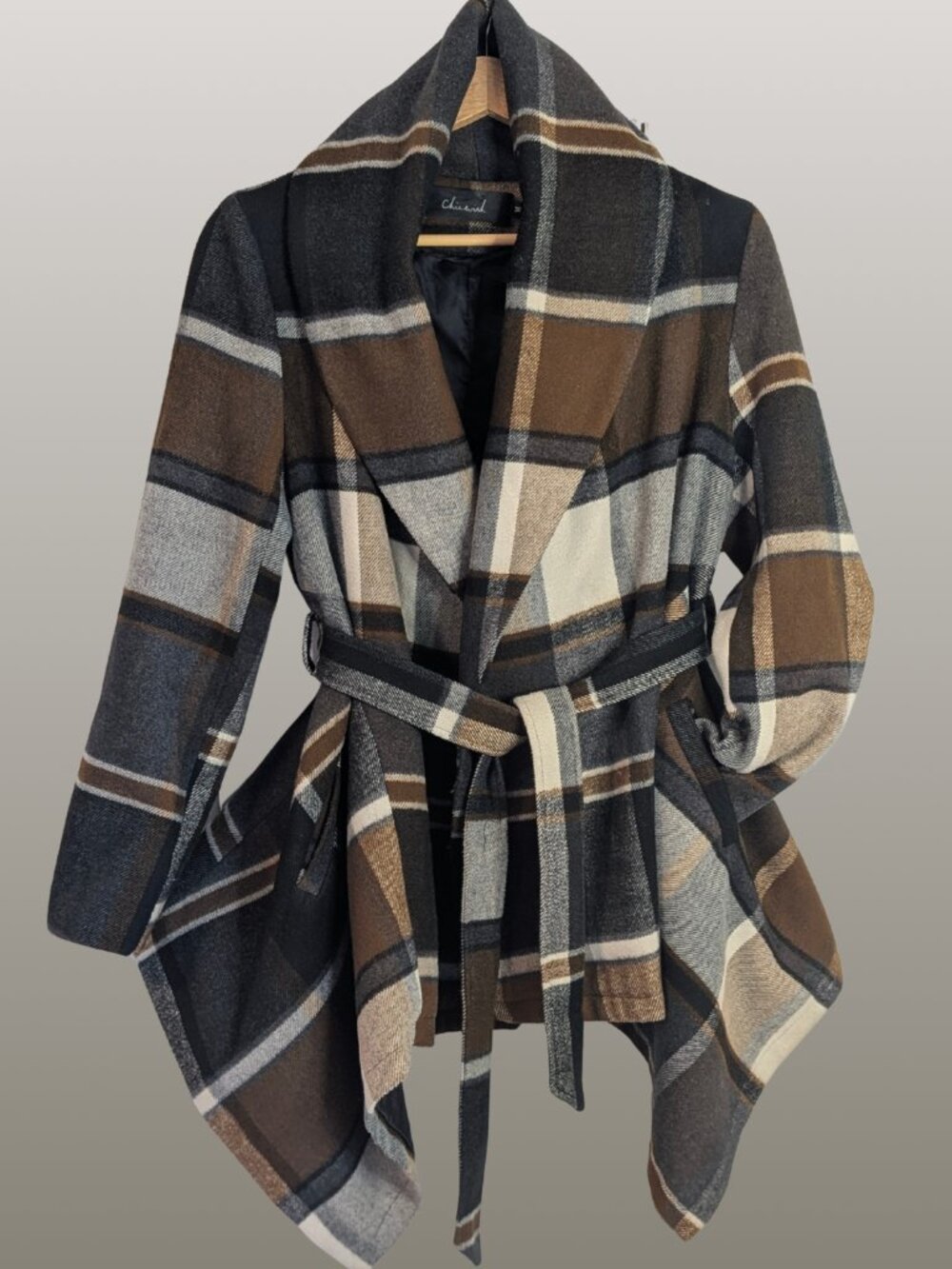 Chicwish Prairie Check Rabato Wool Plaid Waterfall Belted Coat M Boho Chic EUC